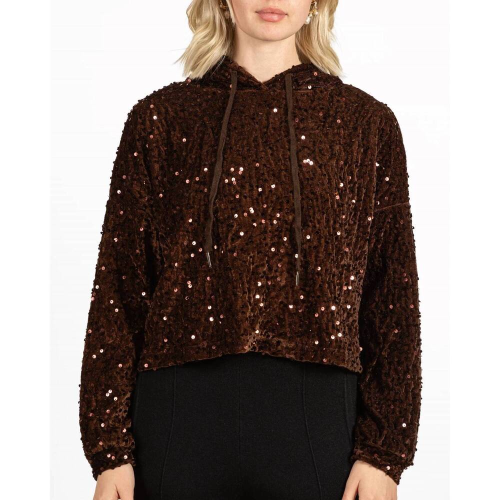 NEW ANGELA MARA cropped sequin hoodie in espresso